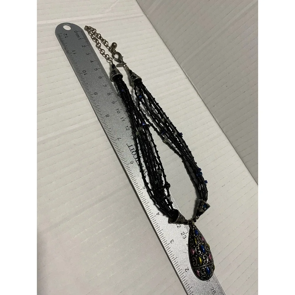 Chico's Beaded Pendant Necklace Women OS Black Multi-Strand Boho Enamel Teardrop